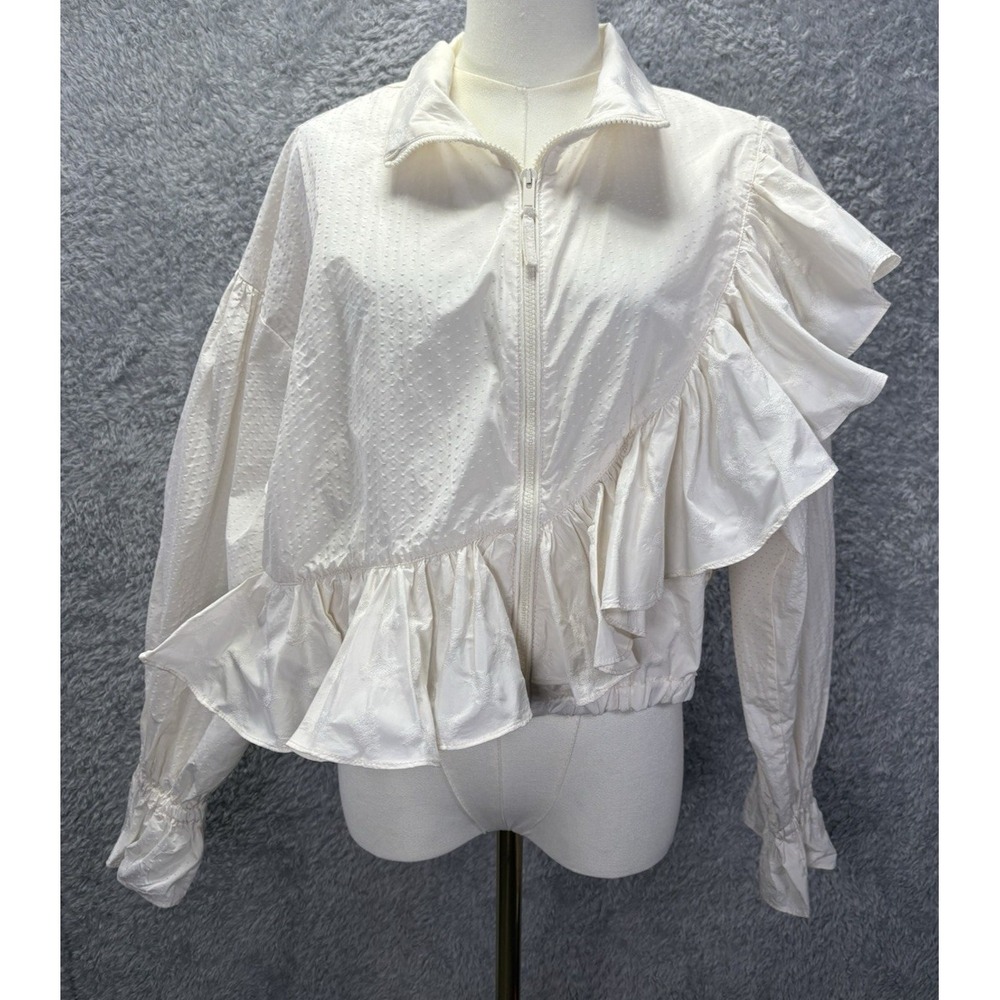 Zara Women's S Ivory Ruffle Bomber Jacket Jacquard Full Zip Statement Romantic